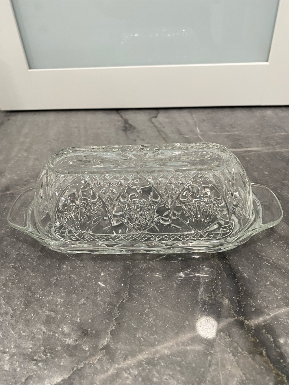 Vintage Pressed Glass Butter Dish with Lid - Clear. 8” x 3 1/4”.